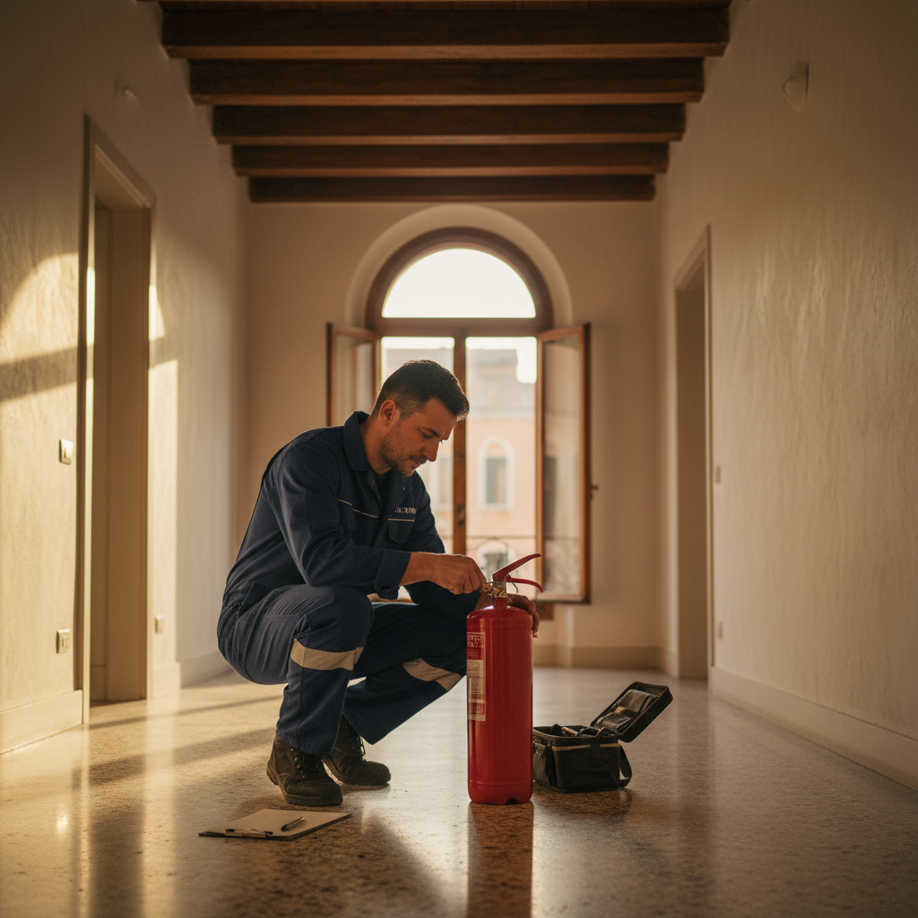 Tecnico certificato revisiona estintore in appartamento veneziano con travi a vista