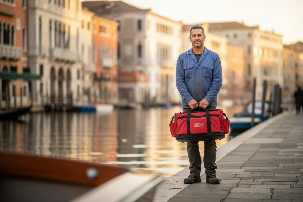 Tecnico certificato EstintoriVenezia sulla fondamenta veneziana con borsa rossa